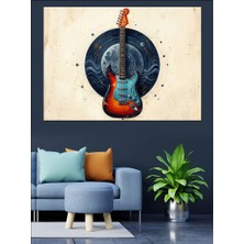 Tablomega Ay ve Yıldızlar Önünde Gitar Dekoratif Kanvas - Mdf Ahşap Tablo