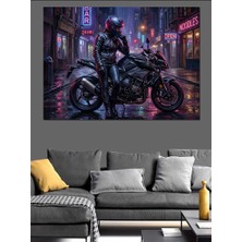 Tablomega Gece Vakti Modern Motosiklet Sürücüsü Dekoratif Kanvas - Mdf Ahşap Tablo