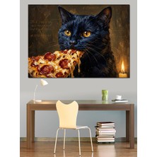 Tablomega Pizza Yiyen Siyah Kedi Illüstrasyonu Dekoratif Kanvas - Mdf Ahşap Tablo