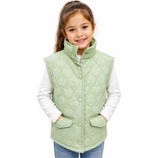 İrem Çocuk Giyim Kız Çocuk Çıtçıt Kapamalı Cepli Kalp Nakış Detaylı Yeşil Renk İnce Kapitone Yelek