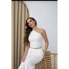 Xenthe Siyah Yeni Sezon Kadın Gofre Kumaş Tek Omuz Crop-Bol Paça Pantolon Sezon Trendi Ikili Takım