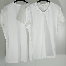 Way be Collection İKİ ADET V Yaka Beyaz Beyaz Slim Fit Dar Kesim %95 Pamuk % 5 Likra Erkek T-Shirt(Unisex Tişört).