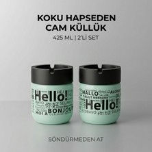 LE Paris Hello Baskılı 2 Adet Cam Kokusuz Küllük | Dumansız | Rüzgar Önleyici Kapaklı Dekoratif Cam Küllük | 425 ML | Yeşil
