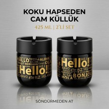 LE Paris Hello Baskılı 2 Adet Cam Kokusuz Küllük | Dumansız | Rüzgar Önleyici Kapaklı Dekoratif Cam Küllük | 425 ML | Siyah