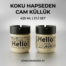LE Paris Hello Baskılı 2 Adet Cam Kokusuz Küllük | Dumansız | Rüzgar Önleyici Kapaklı Dekoratif Cam Küllük | 425 ML | Sarı