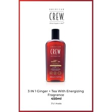 American Crew 3-in-1 Ginger + Tea with Energizing Fragrance 450 ml – Şampuan + Saç Kremi + Duş Jeli | Zencefil & Çay Özlü  Erkek Bakım Ürünü