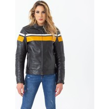 Emporium Boston Kadın Motosiklet Deri Mont Sarı - Siyah Renkli Premium Dana Derisi ile Dört Mevsim