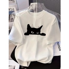 Marsilyan Şık Siyah Kedi Grafik Tişört - Mükemmel Yaz Modası - Beyaz -