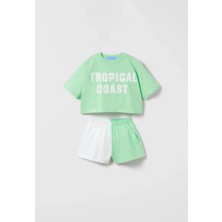 Yiğit Butik Kız Çocuk Yeşil Beyaz Şortlu Takım Yazlık Crop Tişört Set