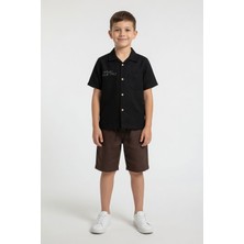 Cansın Mini Siyah Summer Sırt Baskılı Erkek Çocuk Keten Gömlekli ve Şortlu 2 Takım 24035