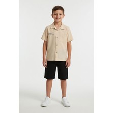 Cansın Mini Krem Summer Sırt Baskılı Erkek Çocuk Keten Gömlekli ve Şortlu 2 Takım 24036