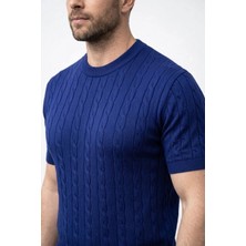 Marsilyan Erkek Yazlık Triko Dokuma Tişört Kısa Kol Bisiklet Yaka Örgü Desenli T-Shirt - Lacivert