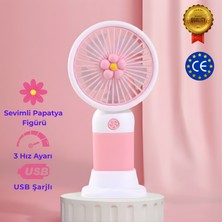CoverZone Standlı Şarjlı El Fanı – 3 Kademe Hız Ayarı, Seyahat ve Masaüstü Vantilatör, Pembe Papatya Mini Fan
