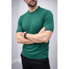 Marsilyan Erkek Yazlık Triko Dokuma Tişört Kısa Kol Bisiklet Yaka Örgü Desenli T-Shirt - Haki
