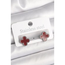 Pirinç Gümüş Renk Bordo Yonca Model Kadın Küpe