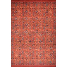 Pera Halı Kiremit ve Mavi Geometrik Desenli Vintage Halı - Outlet - 50036TOU