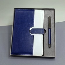 Marsilyan Mavi Beyaz Deri Kapaklı Defter ve Metal Kalem Set