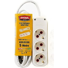 Renas Store Amiral 3' Lü Topraklı 5 Metre Kablolu Grup Priz