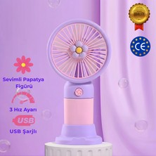 CoverZone Standlı Şarjlı El Fanı – 3 Kademe Hız Ayarı, Seyahat ve Masaüstü Vantilatör, Mor Papatya Mini Fan