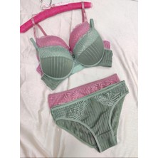 Love Angels Çizgili Dantel Detaylı Push-Up Dolgulu Iç Çamaşırı Takımı-Sütyen Külot Takımı