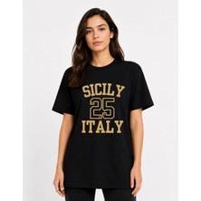 Organickid Basic Kadın Relax Baskılı Siyah T-Shirt