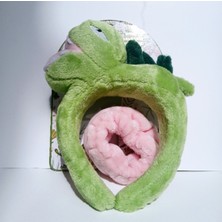 My Balli Store Peluş Dinazor Figürlü Taç ve Toka Seti (Yeşil,pembe)