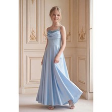 Butik Happy Kids Kız Çocuk Abiye Ince Askılı Bebemavi Uzun Drapeli Saten Abiye 10-15 Yaş