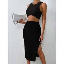 New Orginal Kadın Biye Detaylı Kaşkorse Crop&etek Takım