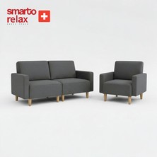Smarto Relax LEGO Kumaş Kolçaklı Ahşap Ayaklı 2+1 Koltuk Takımı | Modern Ikili Koltuk ve Tekli Berjer Oturma Grubu (Antrasit)