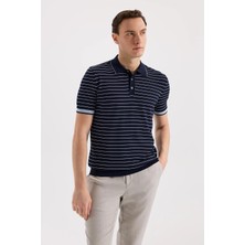 Jakamen Lacivert Slim Fit Çizgili Rayon Polo Yaka T-Shirt
