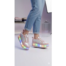 Mocno Kız Çocuk Patenli Kaykay Tekerlekli Işıklı Rahat Spor Ayakkabı&yeni Model Hologramlı Pudra Gümüş