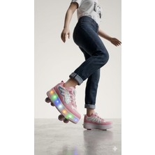Mocno Kız Çocuk Patenli Kaykay Tekerlekli Işıklı Rahat Spor Ayakkabı&yeni Model Hologramlı Koyu Pembe