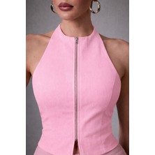 Afri Kadın Pembe Fermuarlı Halter Yaka Atlas Kumaş Bluz Şık & Modern Fit