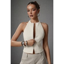 Afri Kadın Ekru Fermuarlı Halter Yaka Atlas Kumaş Bluz Şık & Modern Fit