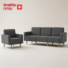 Smarto Relax LEGO Kumaş Kolçaklı Ahşap Ayaklı 3+1 Koltuk Takımı | Modern Üçlü Koltuk ve Tekli Berjer Oturma Grubu (Antrasit - Gri)