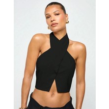 Afri Milano Kadın Siyah Halter Yaka Crop Bluz – Hürrem Kumaş Şık ve Modern Tasarım
