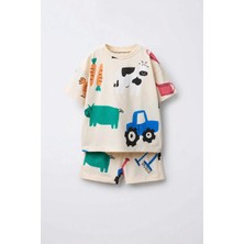 Monila Erkek Çocuk Çiftlik Baskılı Pamuklu T-Shirt Şort Altüst Takım