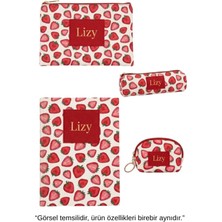 Lizy Çilek Desenli Hediye Seti – Defter, Kalemlik, Bozuk Para Çantası & Makyaj Çantası