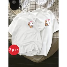 Nevermind Sevgili Kombini Ayıcık Kalp Baskılı Çift Tişört Oversize Unisex Partner Kombin Seti