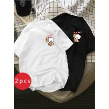 Nevermind Sevgili Kombini Ayıcık Kalp Baskılı Çift Tişört Oversize Unisex Partner Kombin Seti