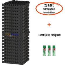 SLC Marketim Akustik Yumurta Sünger 60DNS Yanmaz 50CMX50CM 25MM (20ADET + 3 Sprey Yapıştırıcı)