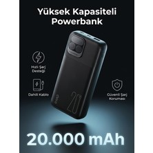 Erdineks 20.000 Mah 22.5W Hızlı Şarj Powerbank - Kendinden Kablolu (Type-C & Lightning) Watt Göstergeli Dijital Ekranlı Taşınabilir Şarj Cihazı