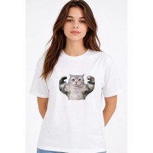 Nevermind Kadın Tişört Baskılı Kedi Desenli Basic Günlük Rahat %100 Pamuk