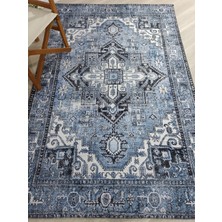 Pera Halı Mavi ve Beyaz Eskitme Medalyonlu Vintage Halı - Outlet - 50039MOU