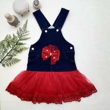 Baby Najmaddin 2-3-4 Yaş Fiyonklu Düğme Detaylı Tül Etek Kot Kumaş Salopet Kız Çocuk Elbises