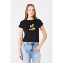Sortie Collection Kadın Ceylan Baskılı Bisiklet Yaka Fitted Basic Tshirt Siyah