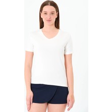 Sortie Collection Kadın V Yaka Premium Modal Kumaş Basic Tişört Ekru