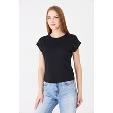 Sortie Collection Kadın Taş Detay Düşük Kol Rahat Kalıp Basic Tshirt Siyah