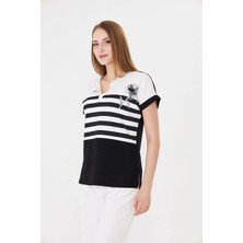 Sortie Collection Kadın Çiçek Baskılı Çizgili Düğme Detaylı Modal Basic Tişört Siyah