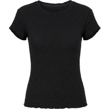 Sortie Collection Kadın Karpuz Kollu Bürümcük Dokulu Fitilli Tshirt Siyah